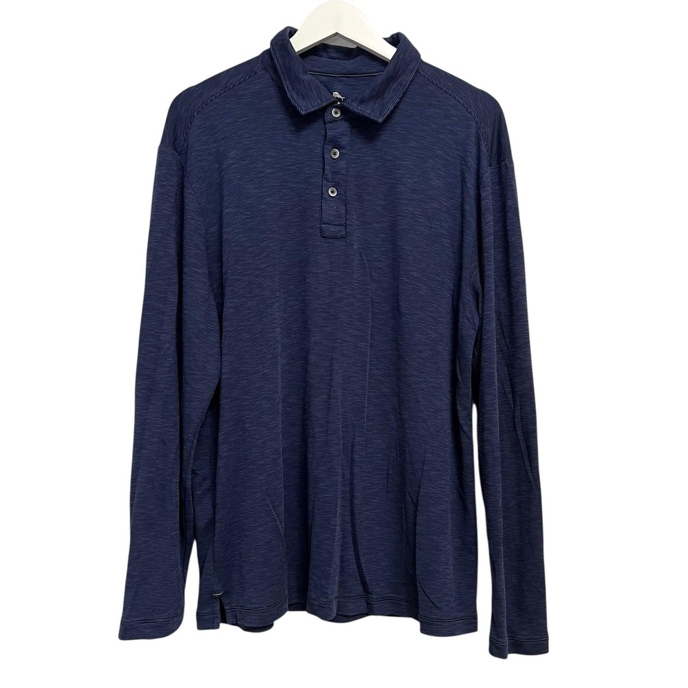 Tommy Bahama Polo‎ Shirt Mens Large Blue Long Sleeve Tencel Cotton Stripe Casual